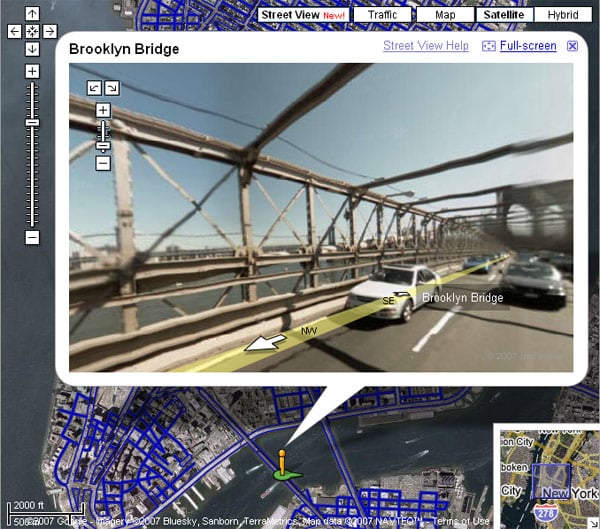 A Street View image of the Brooklyn Bridge on Google Maps