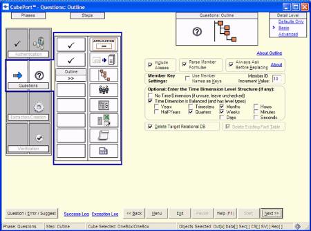 CubePort’s wizard interface: the graphics on the left show the current phase and step of the conversion process. Here you can set the structure of the time dimension