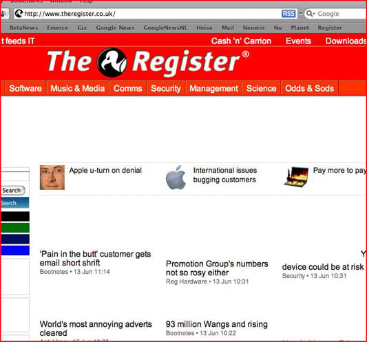 The Register as viewed by Apple's Safari