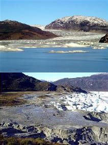Before and after photos of Chile's missing lake. Photos: CONAF