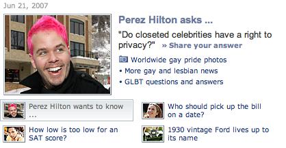 Shot of Yahoo's ask Perez Hilton page