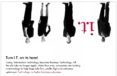 Shot of HP ad showing executives haning upside down. HP is putting IT on its head