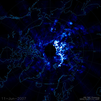 First satellite snaps of the noctilucent clouds. Image credit: NASA