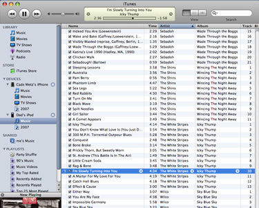 Screenshot of iTunes with library showing contents of iPod music as black entries that can be played with the click of a mouse.