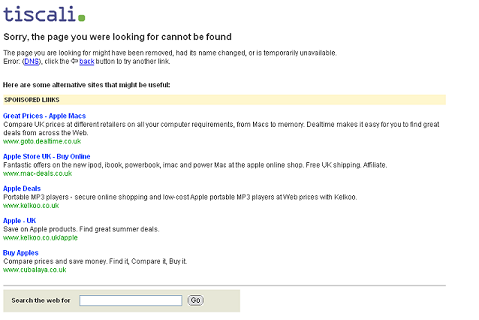 A screen grab of a hijacked DNS error page from Tiscali