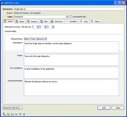 Figure 3: Completed Add Test Case window.