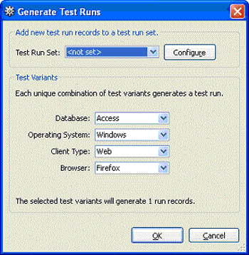 Figure 6: The Generate Test Runs dialog box for the first test run.