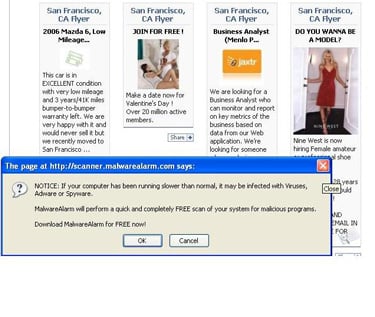 Screenshot of Facebook flyer with popup warning that user's computer may be infected with malware.