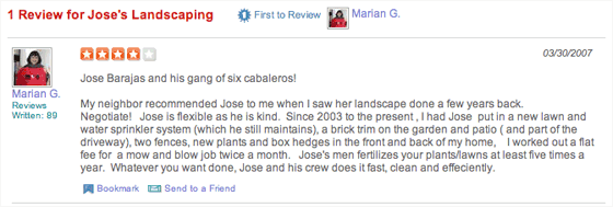 The original review of Jose's Landscaping on yelp
