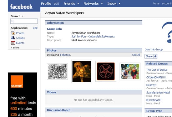 A screenshot from Facebook showing an Orange advert on the group Aryan Satan Worshippers