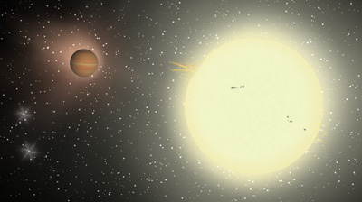 Computer generated impression of the giant planet orbiting its home star. Credit: Jeffrey Hall, Lowell Observatory