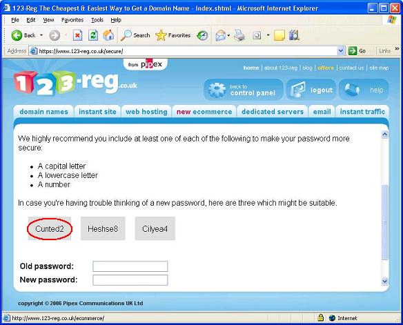 A screenshot from Pipex suggesting the password "Cunted2"