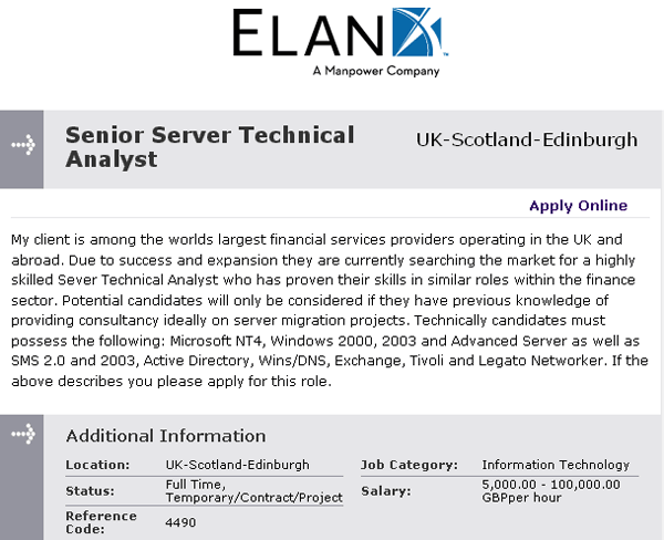 Elan offers Senior Server Technical Analyst post at &pound;5k-&pound;10k per hour
