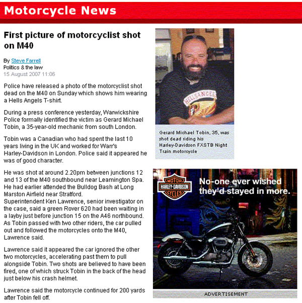 Motorcycle News piece on dead biker with Harley Davidson ad declaring &quot;No-one ever wished they'd stayed in more&quot;