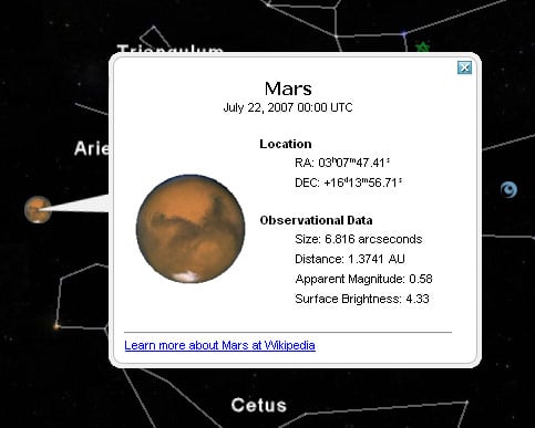 Mars, as seen on Google Sky