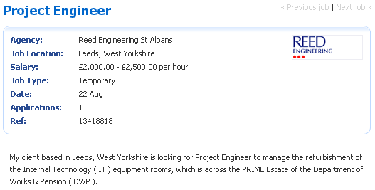 Reed offers project engineer post at &pound;2,000 - &pound;2,500 per hour