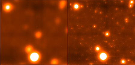 The Globular cluster M13 as imaged conventionally, and with Lucky adaptive optics