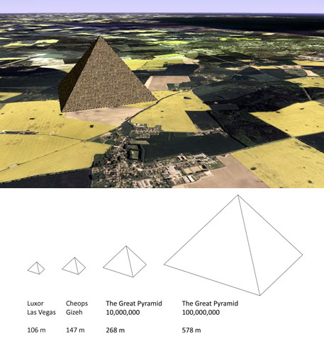 An artist's impression of the pyrmaid and comparative scale