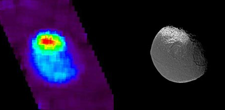 Two views of Iapetus, ultraviolet and visible light. Credit: NASA