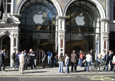 The UK press gather outside the Regent Street flagship Apple store