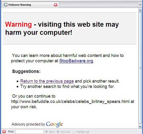 Image of Google page showing warning for Befuddled.co.uk. It reads in part: "Warning - visiting this web site may harm your computer!"
