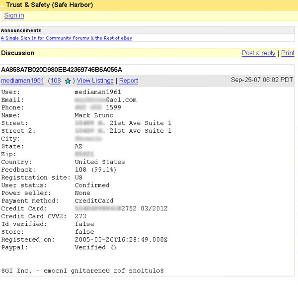 Screenshot of eBay forum thread showing account details for one of 1,200 users