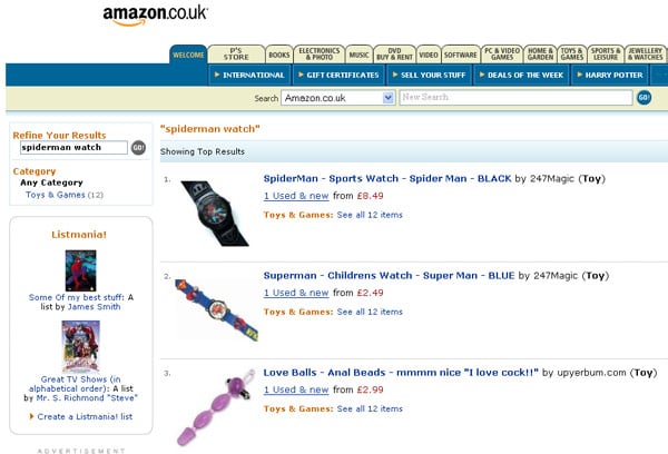 Amazon screen grab showing anal beads in search results for &quot;spiderman watch&quot;