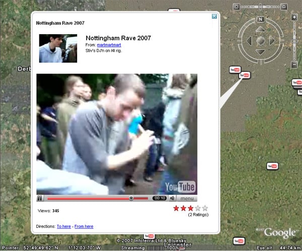 YouTube vid of a Nottingham rave as seen on Google Earth