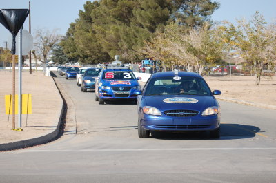 A traffic jam on course with about 8 vehicles lined up