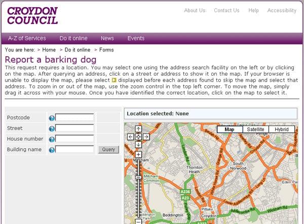A screengrab of Croyon's &quot;Report a barking dog&quot; system