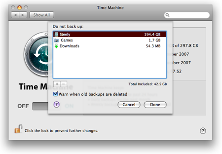 Leopard Time Machine file exclusion
