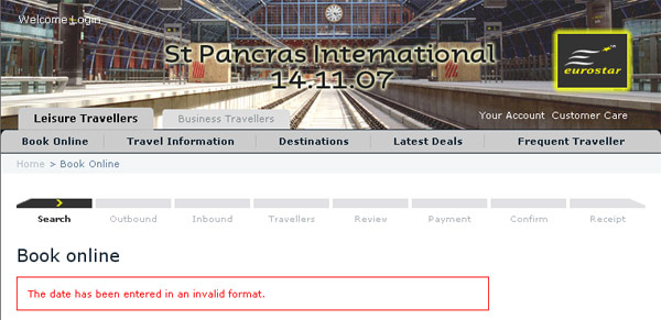 Eurostar screen grab showing &quot;The date has been entered in an invalid format&quot;