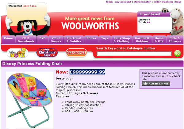 Screen grab of Woolworth's &pound;1m Disney Princess chair offer