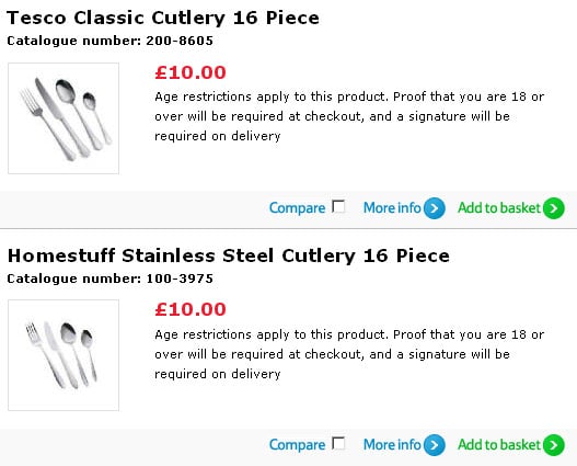 Tesco screen grab showing that under-18s cannot buy cutlery