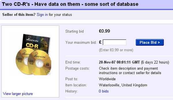 Screen grab of eBay &quot;HMRC discs&quot; auction