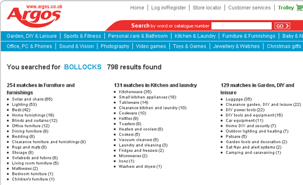 Argos screen grab showing 798 results for bollocks search