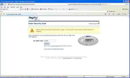 Screenshot of PayPal validation screen