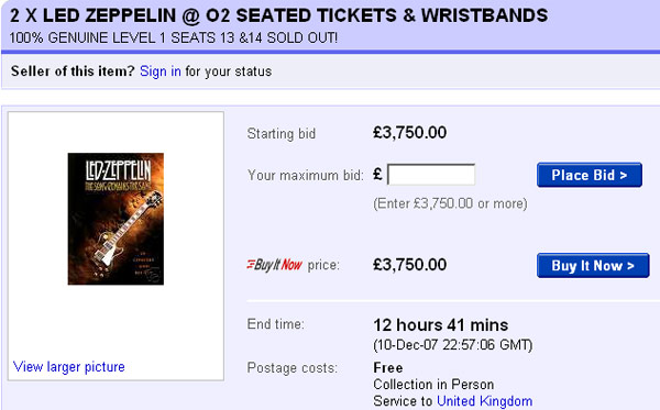 eBay auction for two Led Zeppelin O2 arena tickets