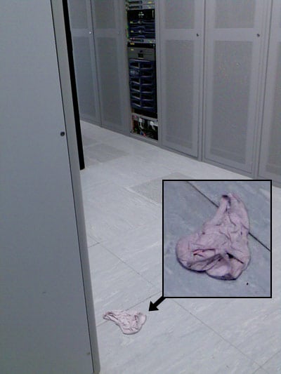View of data centre showing pair of knickers on floor