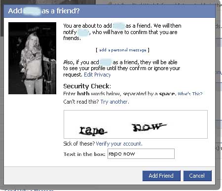 Screenshot from Facebook captcha that reads: "rape now"