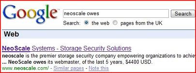 Screenshot of a Google search for "Neoscale owes" showing the phrase in the results