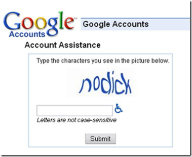 Screenshot of Google captcha that reads: "nodick"