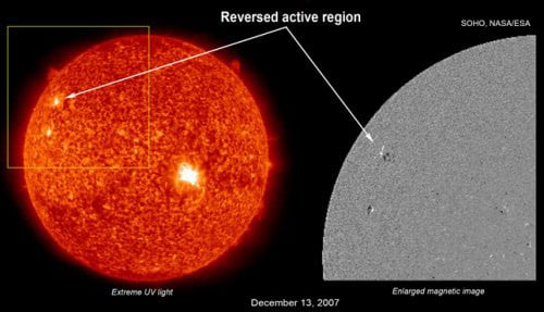 NASA image of Sun showing magnetically-reversed high-latitude active region