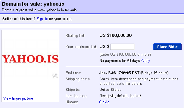 Screen grab of yahoo.is sale on eBay