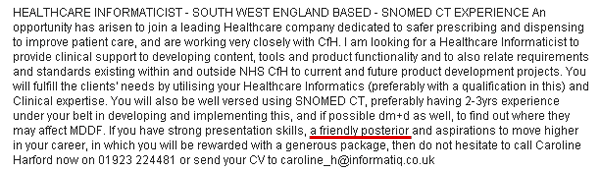 Healthcare Informaticist job ad requesting 'friendly posterior'