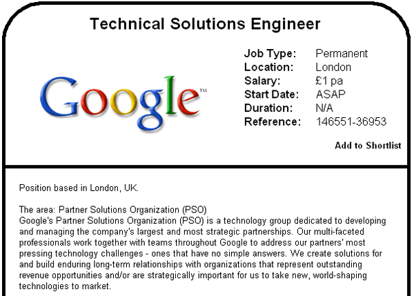 Google Technical Solutions Engineer job ad offering &pound;1 a year