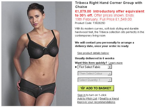 M&amp;S website showing lingerie model described as living room furniture