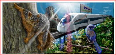 Train racing through forrest in city with squirrel near buy and a Dell ad in the background 