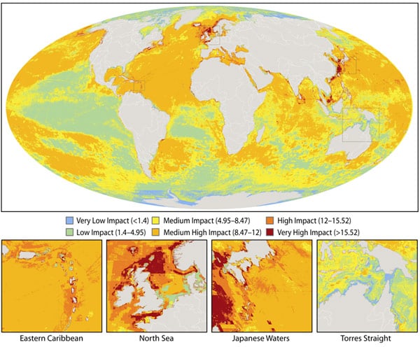 Global map showing human affect on world's oceans. Image: NCEAS