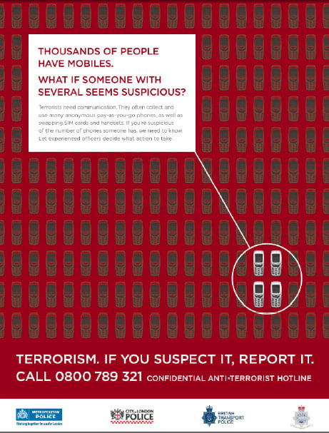 One of the Met's anti-terrorism posters regarding mobile phones